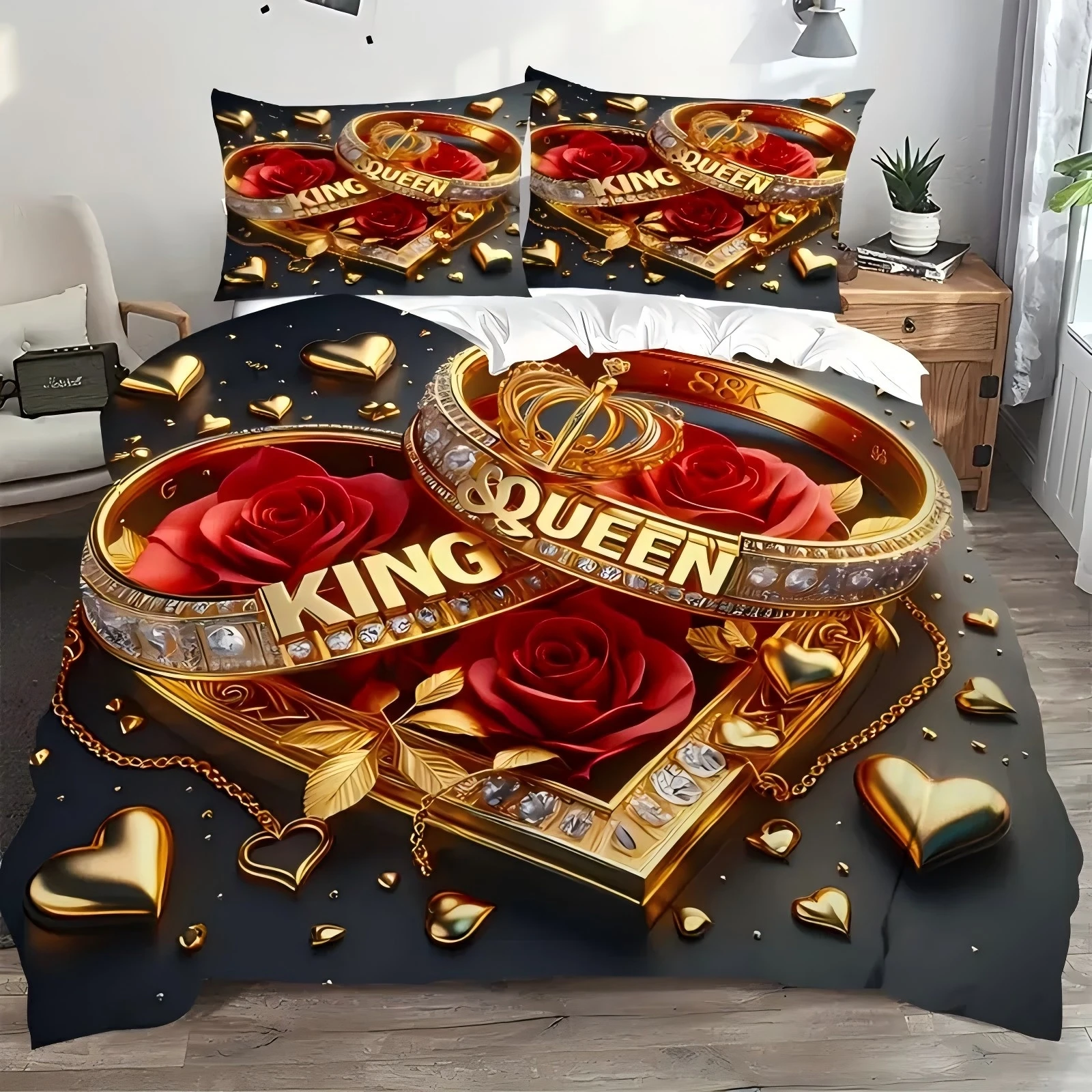 

Couple's Ring Roses Pattern 3D Printed Duvet Cover Set Simple Luxury Style Bedding set Soft Comfortable Quilt Cover Pillowcase