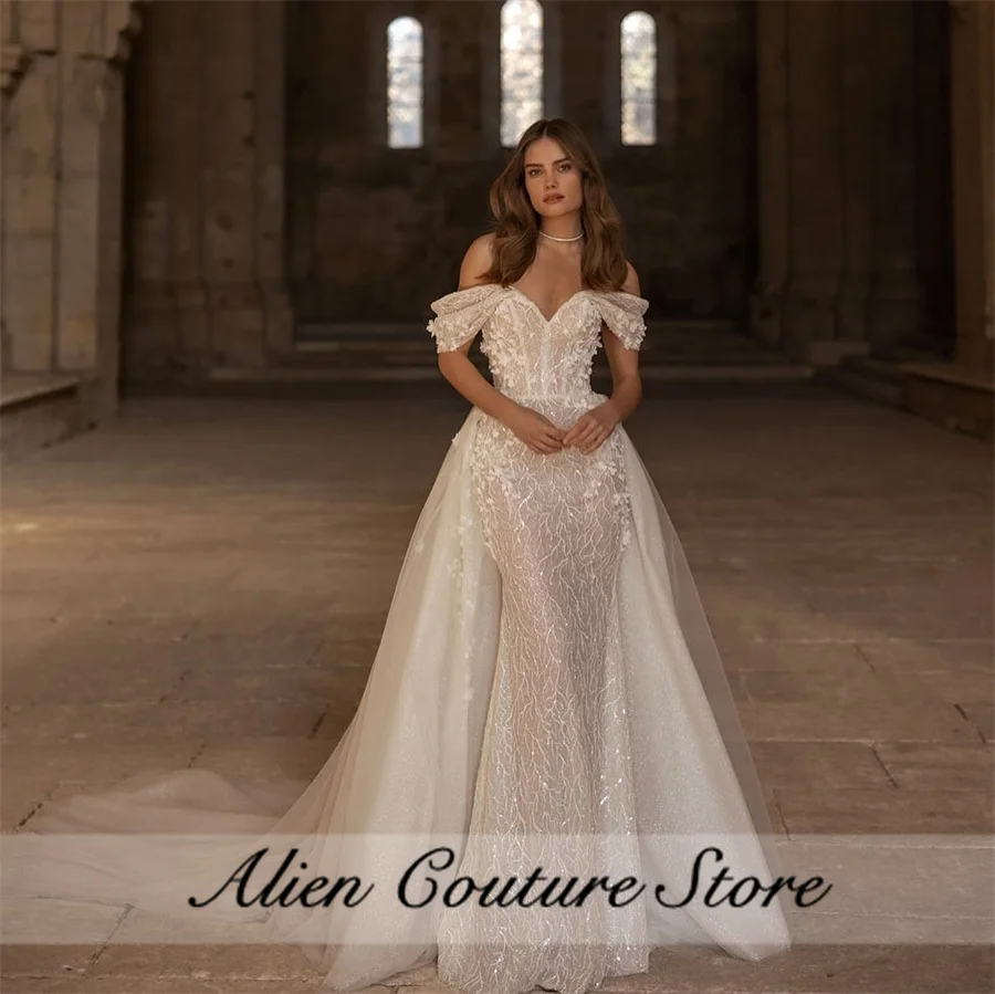 Abito da sposa a sirena in pizzo romantico Abito da sposa a sirena da donna di lusso con applicazioni di fiori Robe De Mariee personalizzato