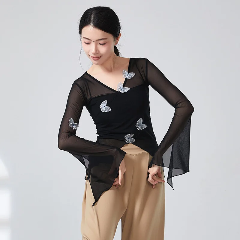 Haut en gaze décoré papillon pour femme, chemise en maille transparente, manches longues, élégant, classique, vêtements de danse folklorique
