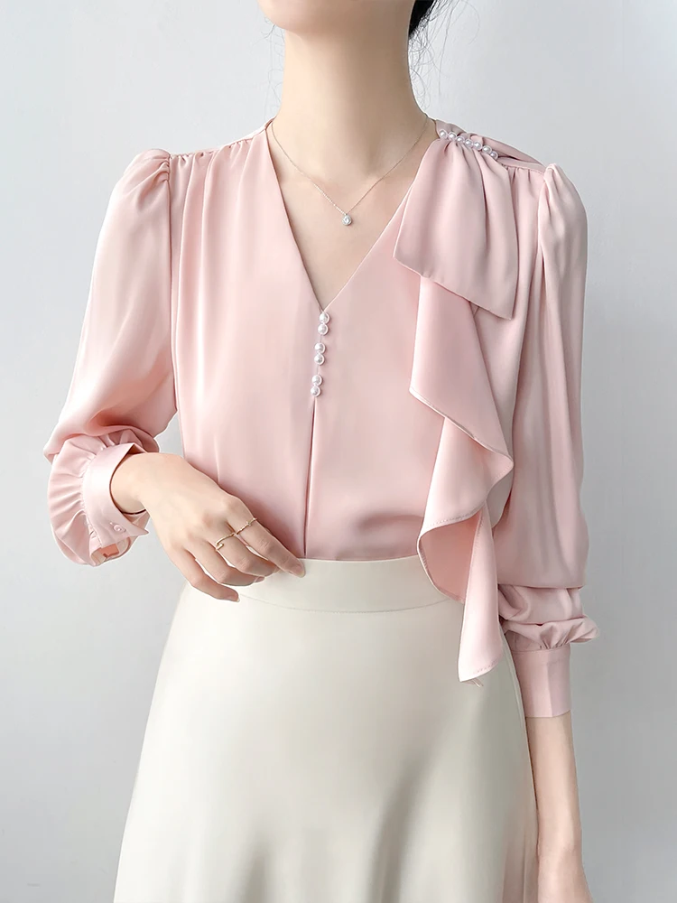 

Ele V-Ne Long Sve Women's irt Korean Sle Loose Fit Breathable Polyester Fiber Knot Design Pure Color