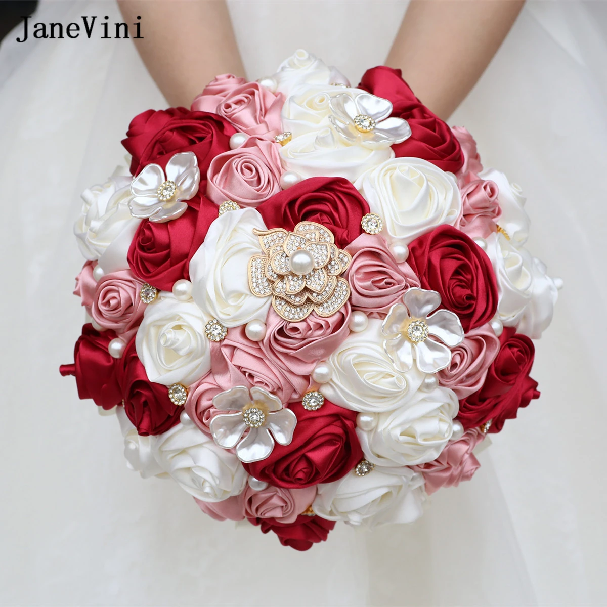 

JaneVini Luxury Crystal Ivory Roses Bridal Bouquets Artificial Satin Flowers Bouquet Brides Wedding Accessories Ramos De Flores