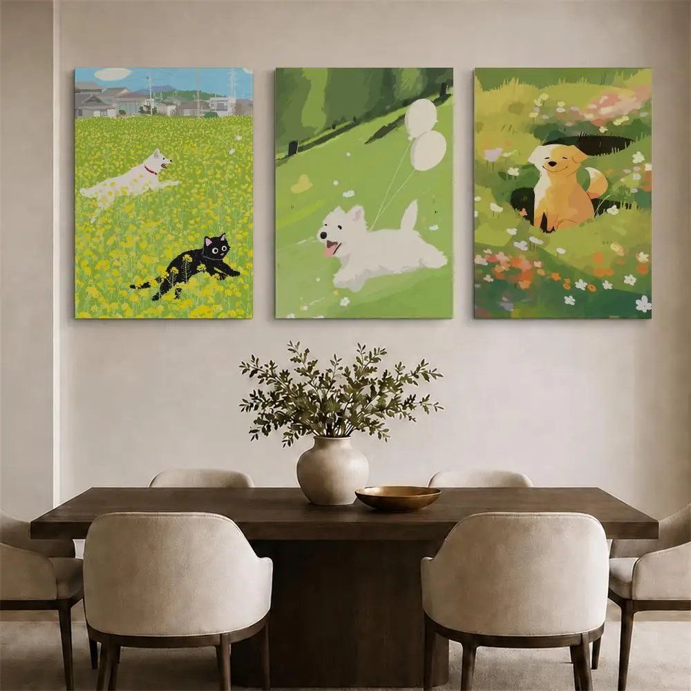 Happy Floral Animals Framed Wall Painting Ready to Hang Canvas Art Poster for Living Room Bedroom Home Decor Decals