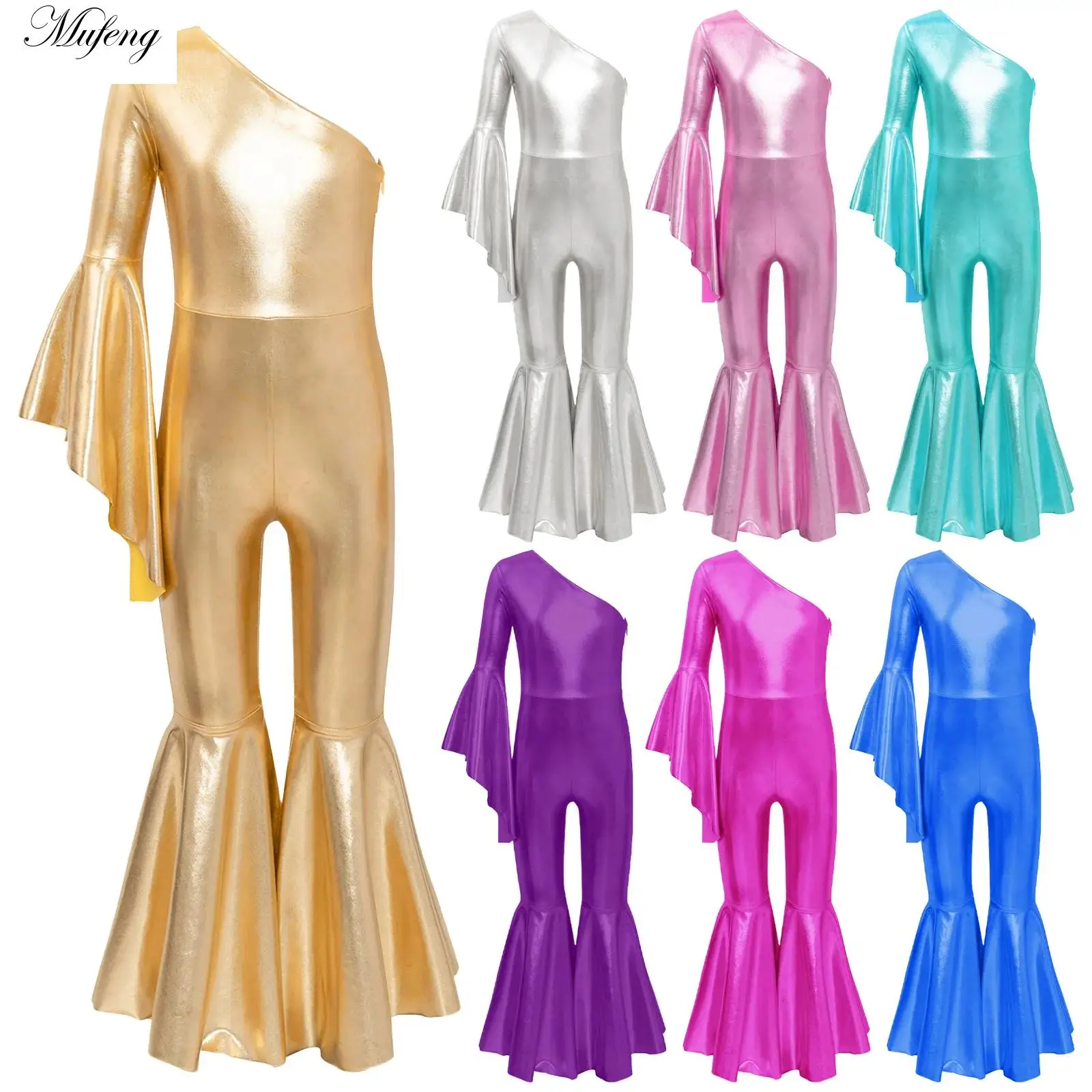 Kid Gilrs Metallic Shiny Bell-Bottom Dance tuta una spalla Flare Sleeve Unitard Cheerleading Uniform Ballroom Dancewear