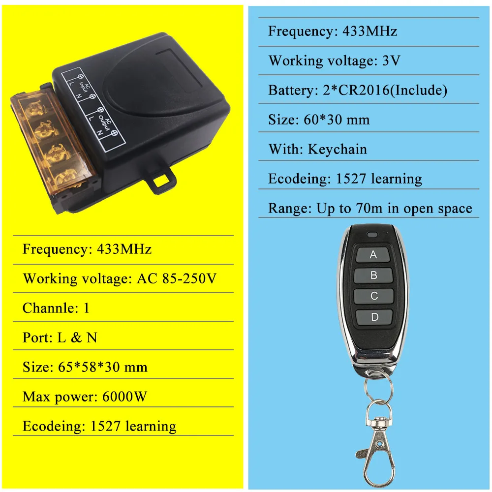 Wireless Light Remote Controller Switch 433MHz 30A 1CH Relay Receiver Module Transmitter for Pump/Lamp/Lock/Fan 110V 220V 240V