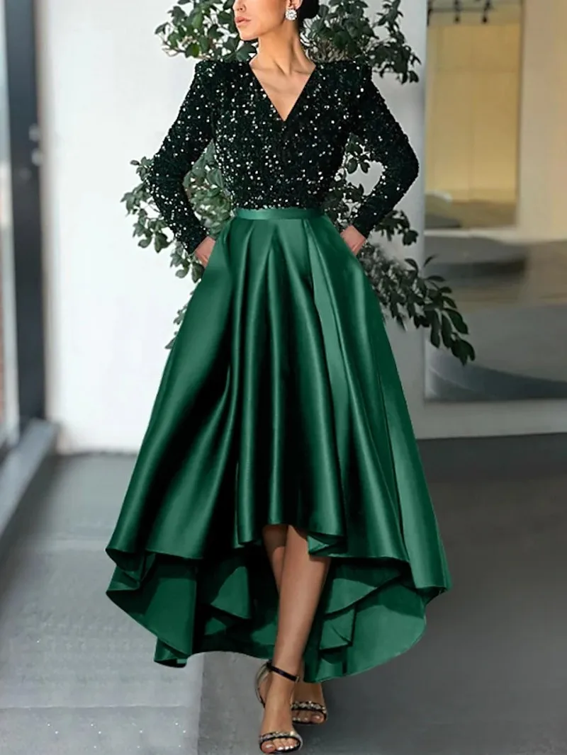 Sparkle Dark Green Prom Formal Dress Long Sleeve V Neck Sequined Satin Evening Party Gown High Low New Robe De Soiree 2023