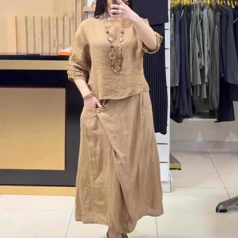 بلوفر علوي غير رسمي برقبة دائرية وتنانير على شكل حرف a طقم نسائي من القطن والكتان مكون من قطعتين ملابس فضفاضة بنصف كم بدلة ربيعية عتيقة Harajuku