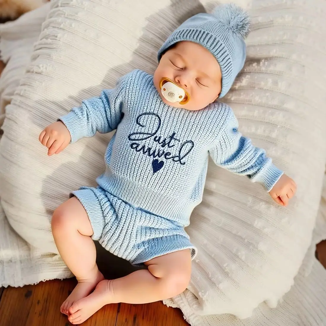 3pcs Set Knitted Newborn Boy Girl Photography Outfits with Matching Pom Hat Baby Diaper Cover Embroidery Hello World Knitting
