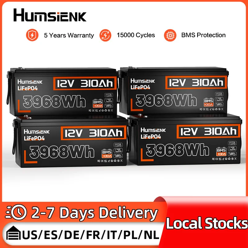 Humsienk 12V 310Ah LiFePO4 Battery 4-Pack 3840Wh With 100A BMS 15000 Deep Cycles For Solar Energy Storage, RV, Marine,Camping