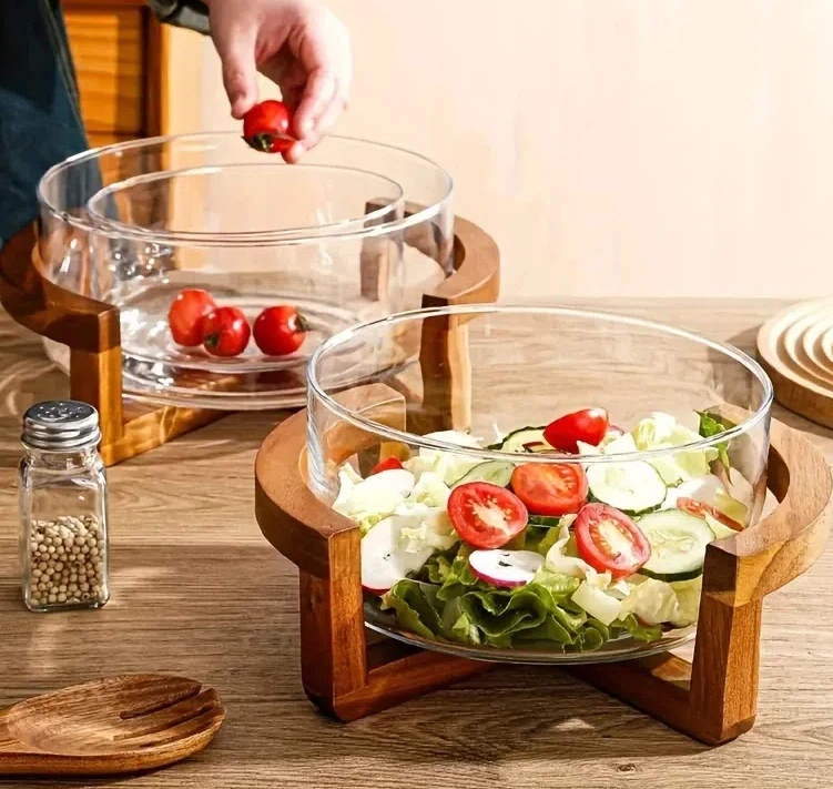 Элегантный Набор Стеклянных Салатников С Деревянным Основанием, Роскошная Ваза Для Фруктов Для Домашнего Ресторана