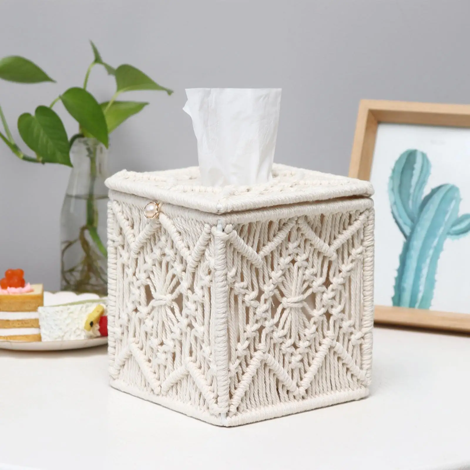 Hand Knitted Cotton Tissue Box Cover Decorative Tissue Holder Napkins Box for Living Room Home Decoration