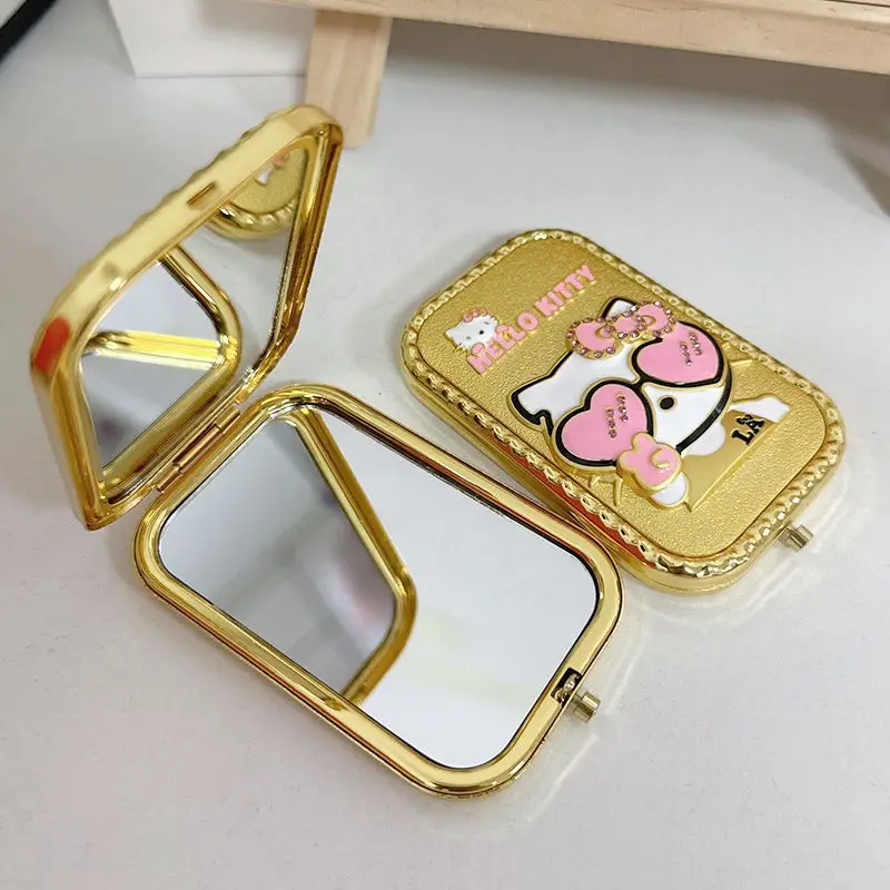 Sanrio Kawaii Hello Kitty กระจกพับนักเรียนแบบพกพากระจกสีทองอะนิเมะอุปกรณ์เสริมหอพักแต่งหน้ากระจกของขวัญ