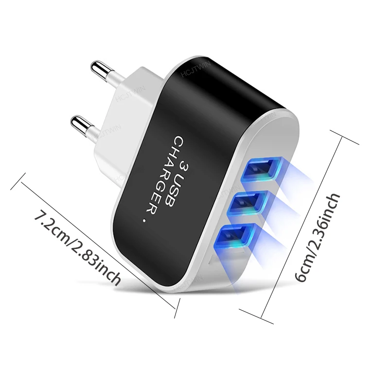 3USB EU US Plug LED Mobile Phone Chargers Multi-Head Travel Charger 3Ports LED Light Phone Charge Adapter EU Plug Charger