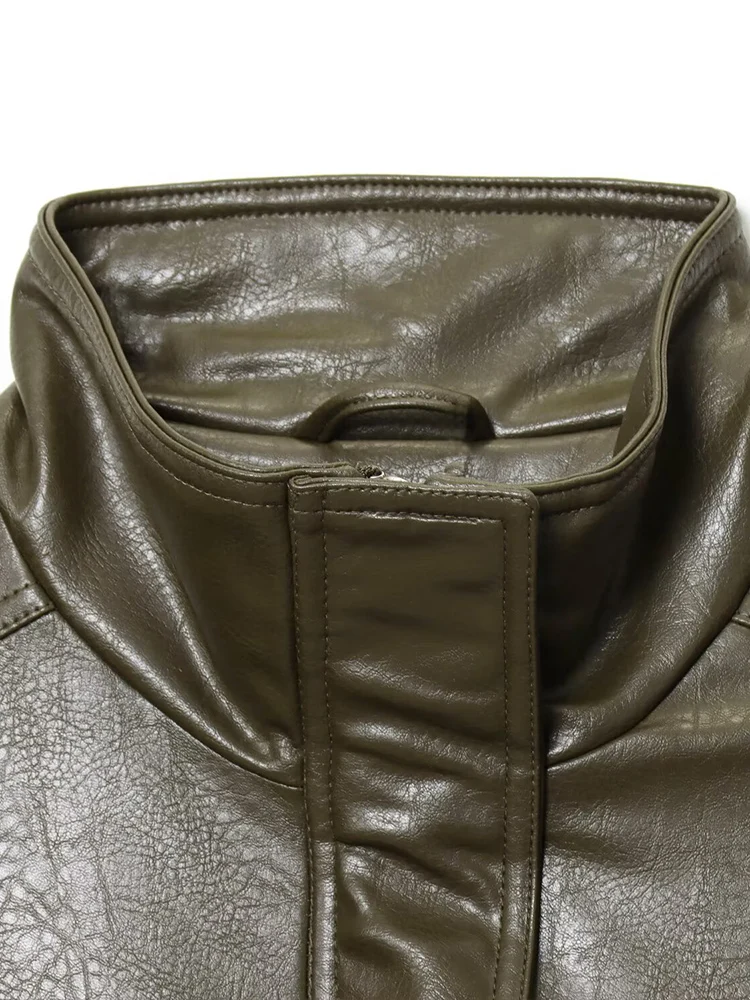 Otoño nueva moda mujer ropa de motocicleta brillante imitación cuero cuello alto chaqueta de manga larga abrigo corto chaqueta de cuero