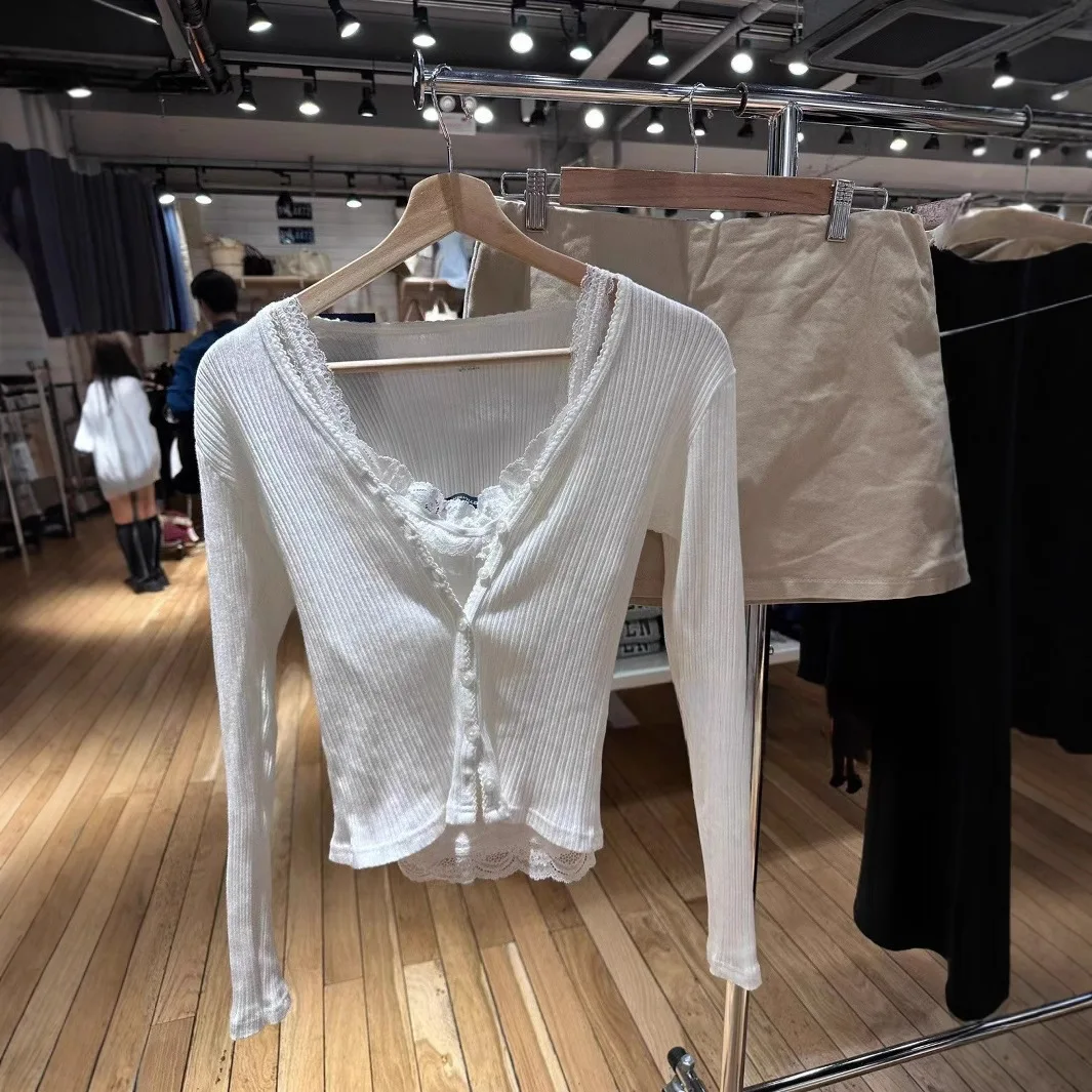 الجوف خارج الخامس الرقبة تي شيرت أبيض المرأة الجديدة بسيطة الأساسية واحدة الصدر القطن سليم كم طويل تيز شيك الحلو التي شيرت Y2K القمم