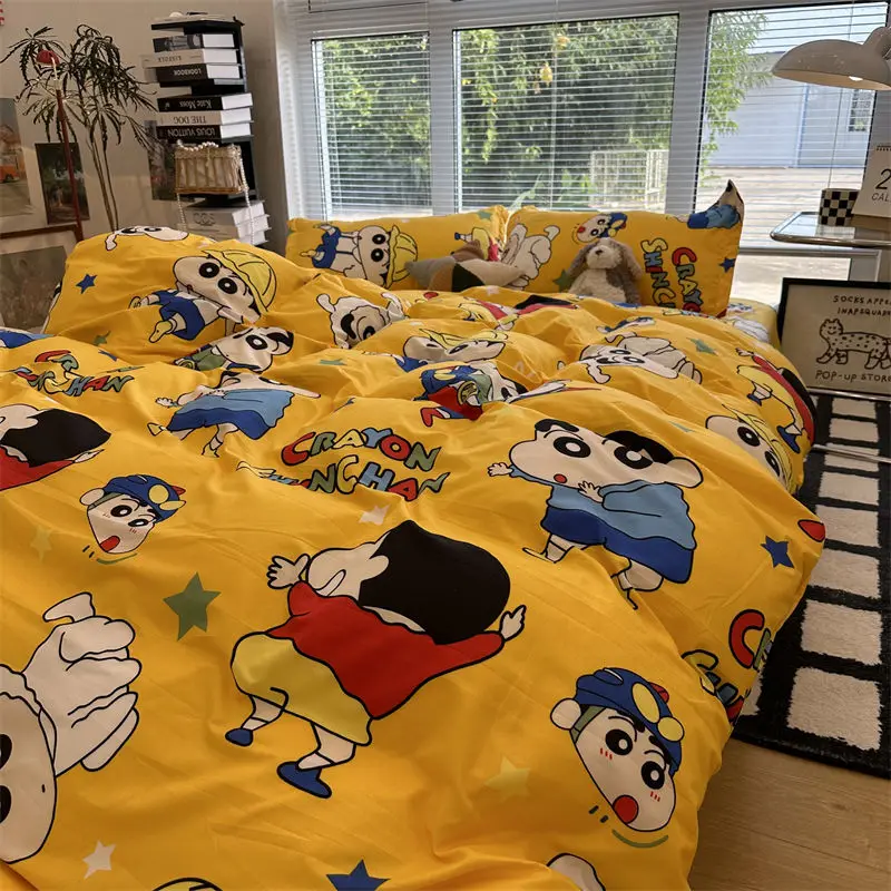 Crayon Shin-chan Bed 3/4cps Bedding Set Cartoon Anime Cute Student School Dormitory Bed Sheets Set Pillow Case Bedroom Bed Gifts