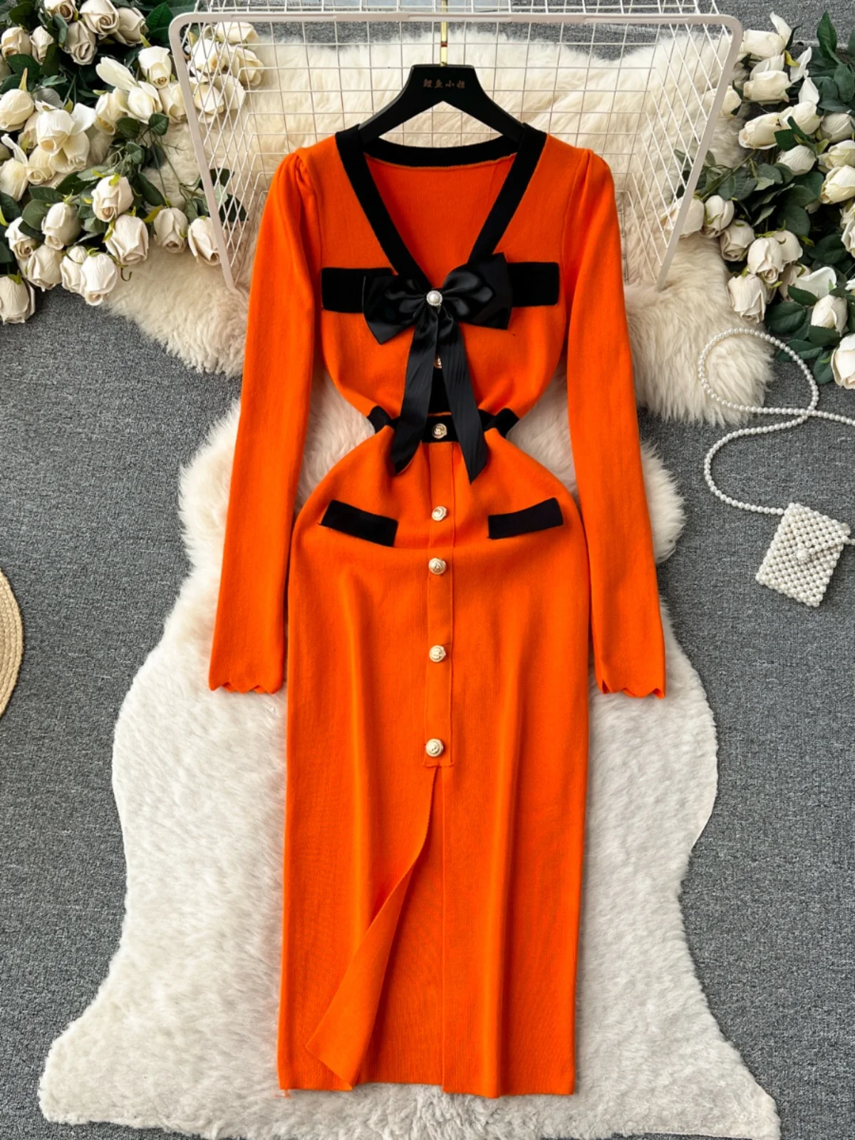 فستان طويل أنيق محبوك للنساء لفصلي الخريف والشتاء بخصر مرتفع وتصميم عقدة الفراشة، أسلوب خيالي فاخر، نسخة كورية للعمل