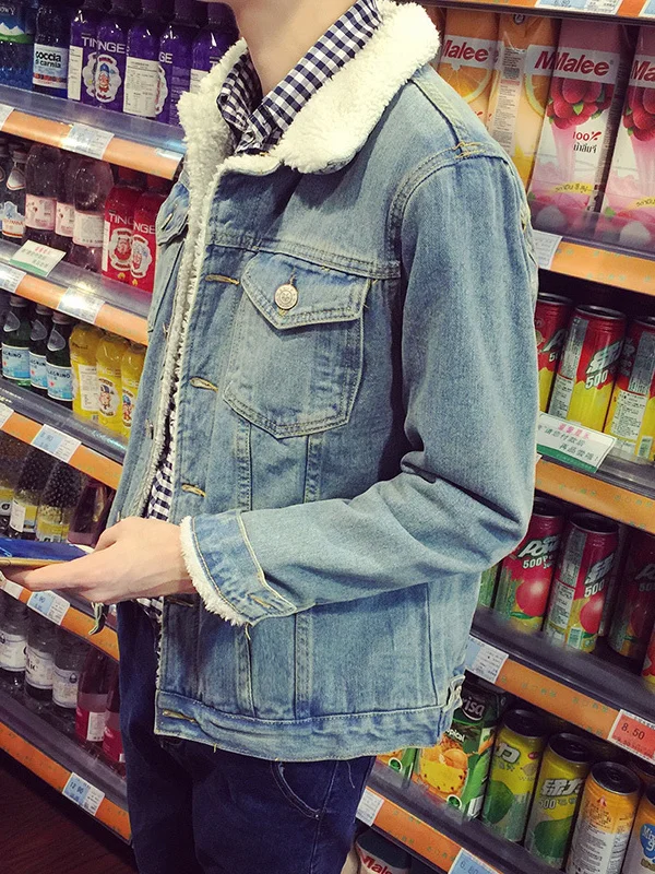 جاكيت دنيم مبطن بالصوف السميك للرجال، معطف قطني سميك بتصميم عتيق مع ياقة فرو، ملابس علوية عصرية للشباب