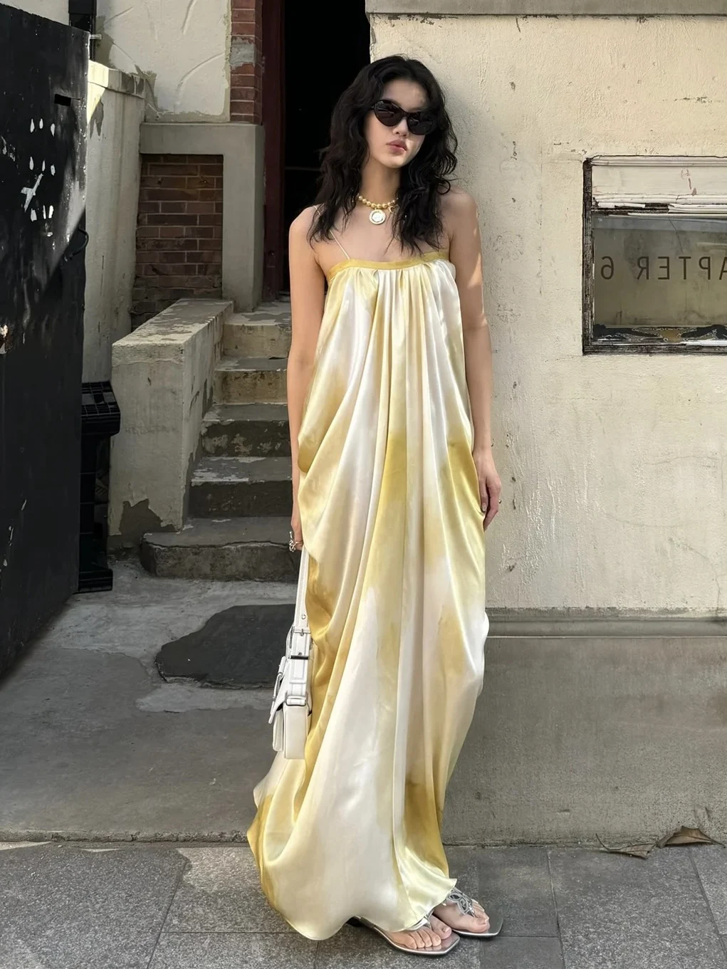 

Желтое асимметричное платье NAOMI с широкими бретелями, элегантное длинное платье из полиэстера, повседневная одежда, лето 2024, без рукавов