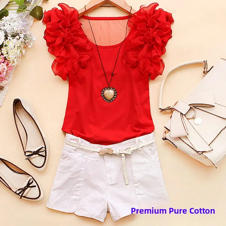 Summer New Fashion Short Sleeve T-Shirt Women's Slim Fit Bubble Sleeve Top Korean Style Outerwear Cute Princess Style Garment