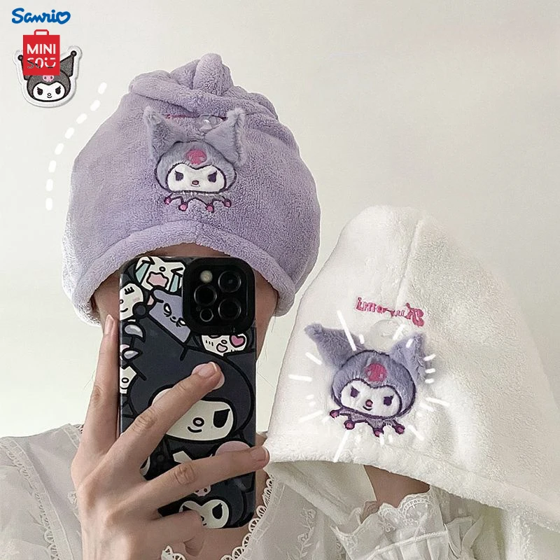 MINISO Kuromi Hair Drying Cap For Home Cartoon Print Kawaii Face Towel Cute Coral Velvet Large Thick Bath Towels Girlfriend Gift