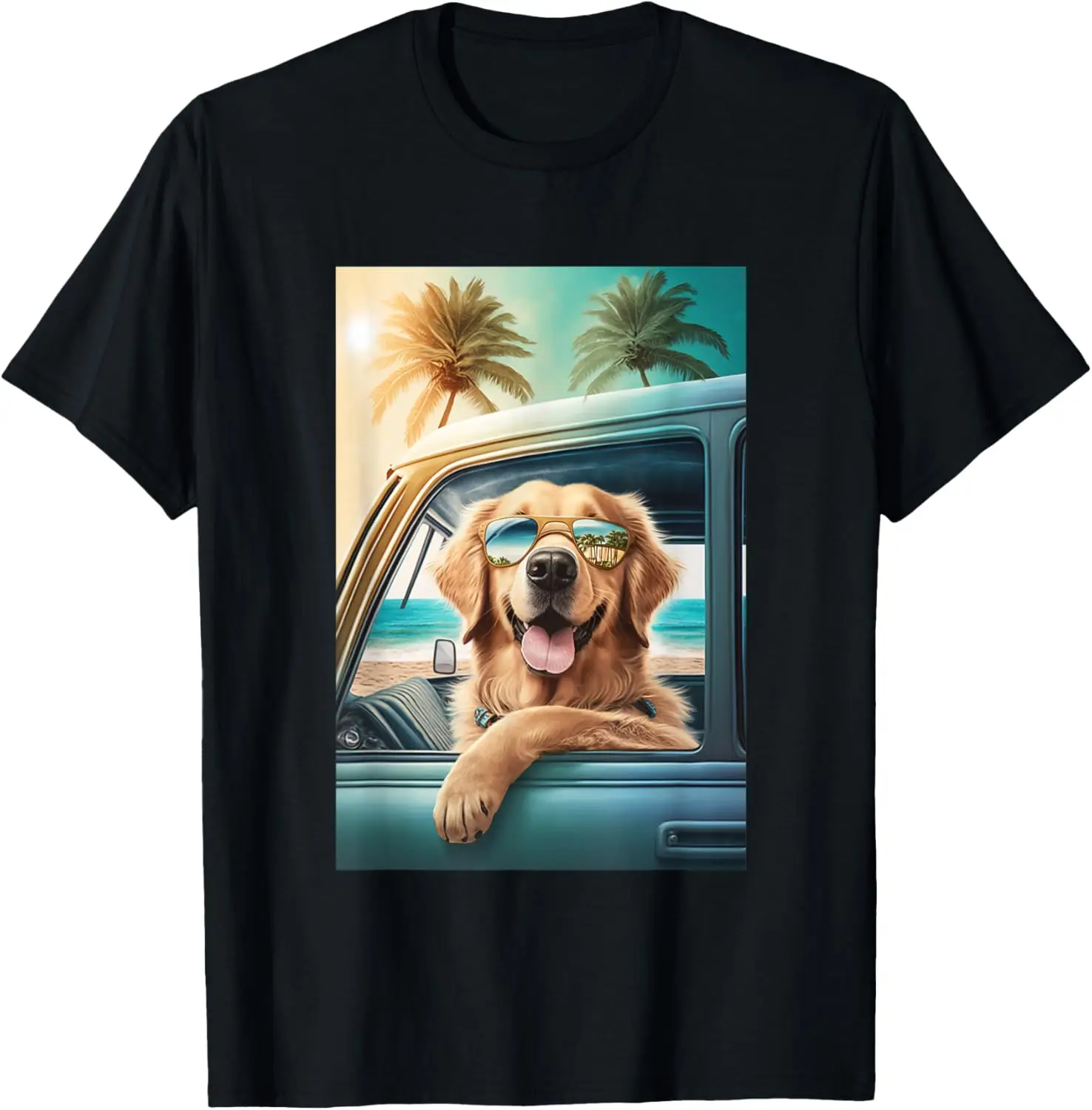 Golden Retriever Sunglasses Beach Palm Trees Car Summer T-Shirt