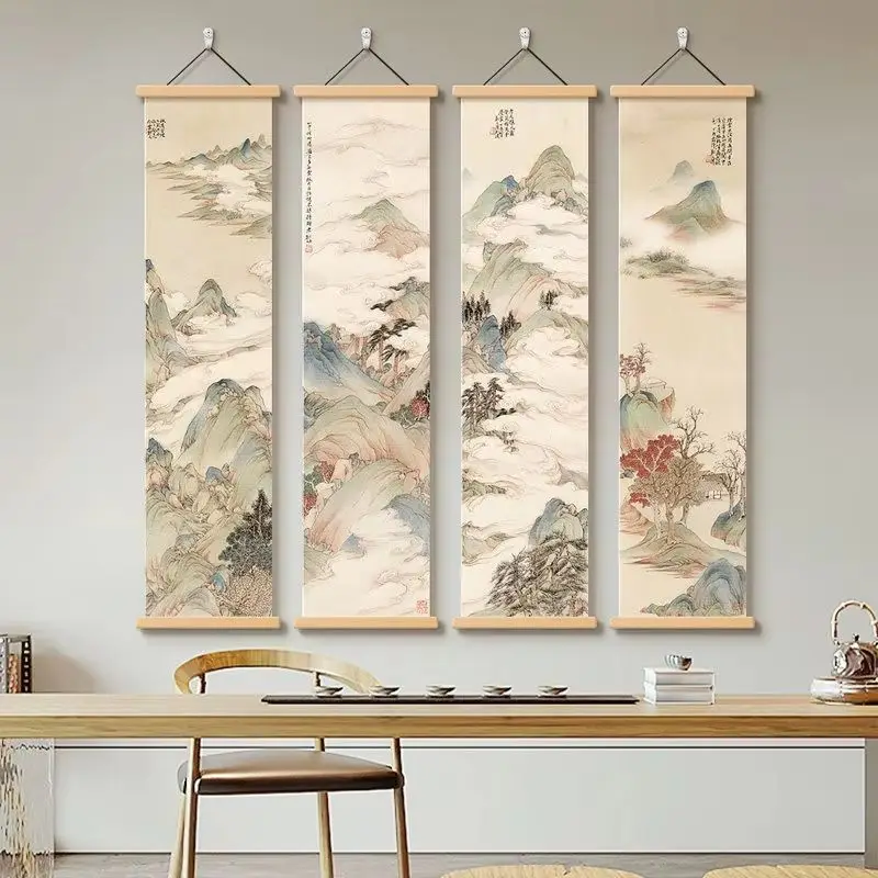 VIKAMA Wall Art Chinese Landscape for Living Room, 4 Vertical Scroll Painting Blue Green Mountain Mist, Vintage Home Decor
