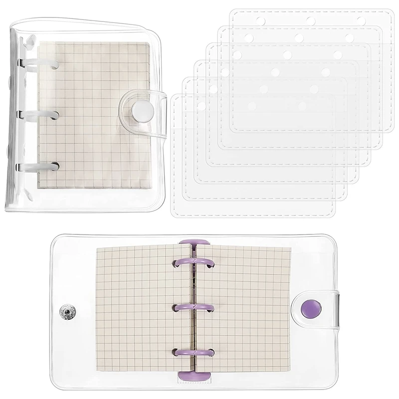 Tampa transparente do PVC Mini Binder, 3 Ring Binder, Caderno claro, folha solta, 80 papéis internos, sacos recarregáveis, 2 pcs