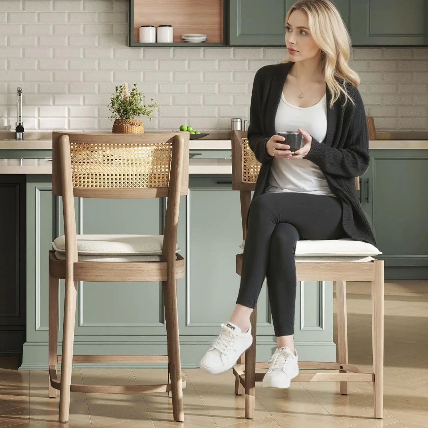 

Барный стул середины века, высота стойки, ротанговая трость, спинка, деревянная кухня, дом, 26 дюймов, коричневый съемный льняной набор подушек, 2 по индивидуальному заказу