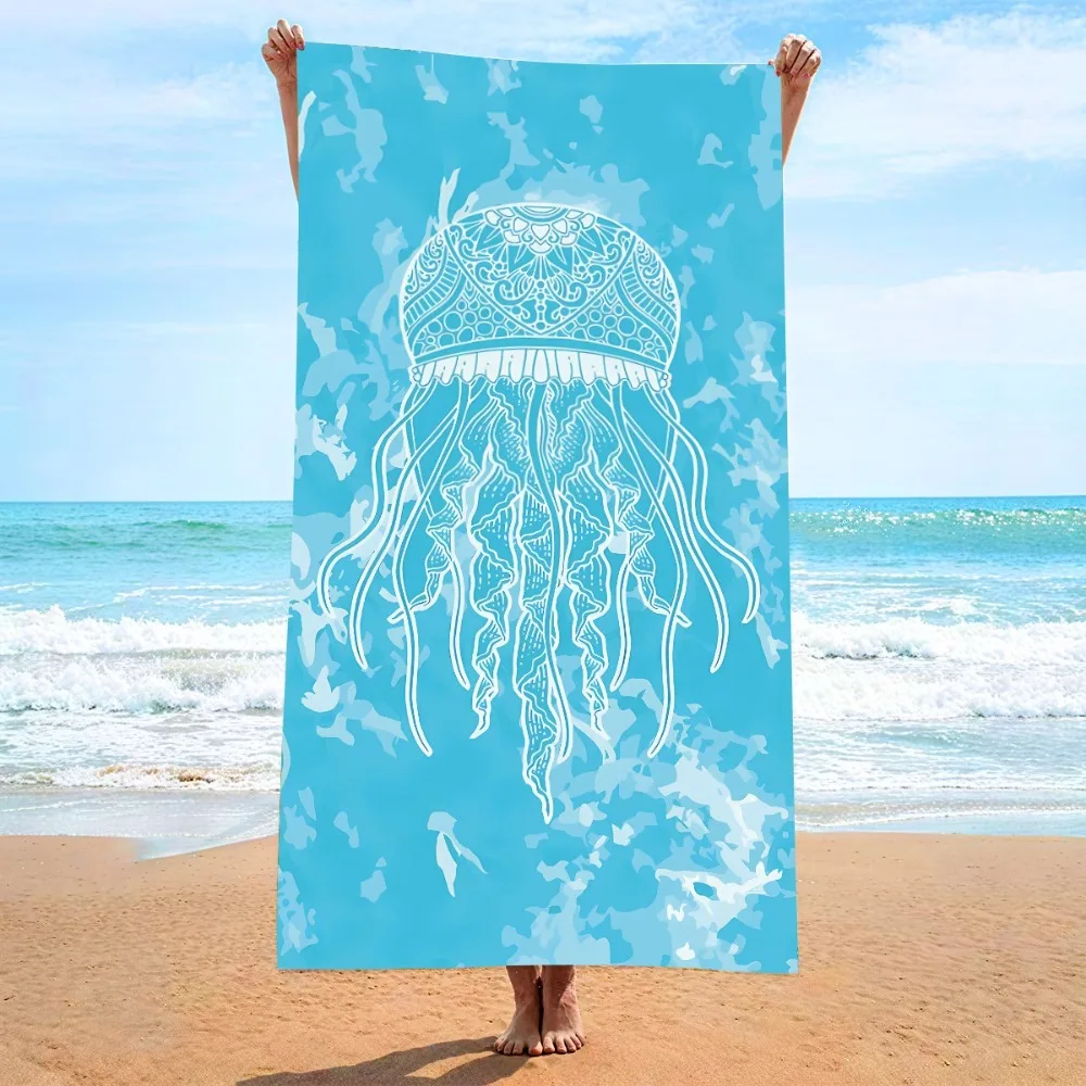 27.5x55inch Blue Ocean Jellyfish Bath Towel Microfiber Quick-dry Beach Towel Fitness Swim Outdoor Travel Camping Beach Blanket