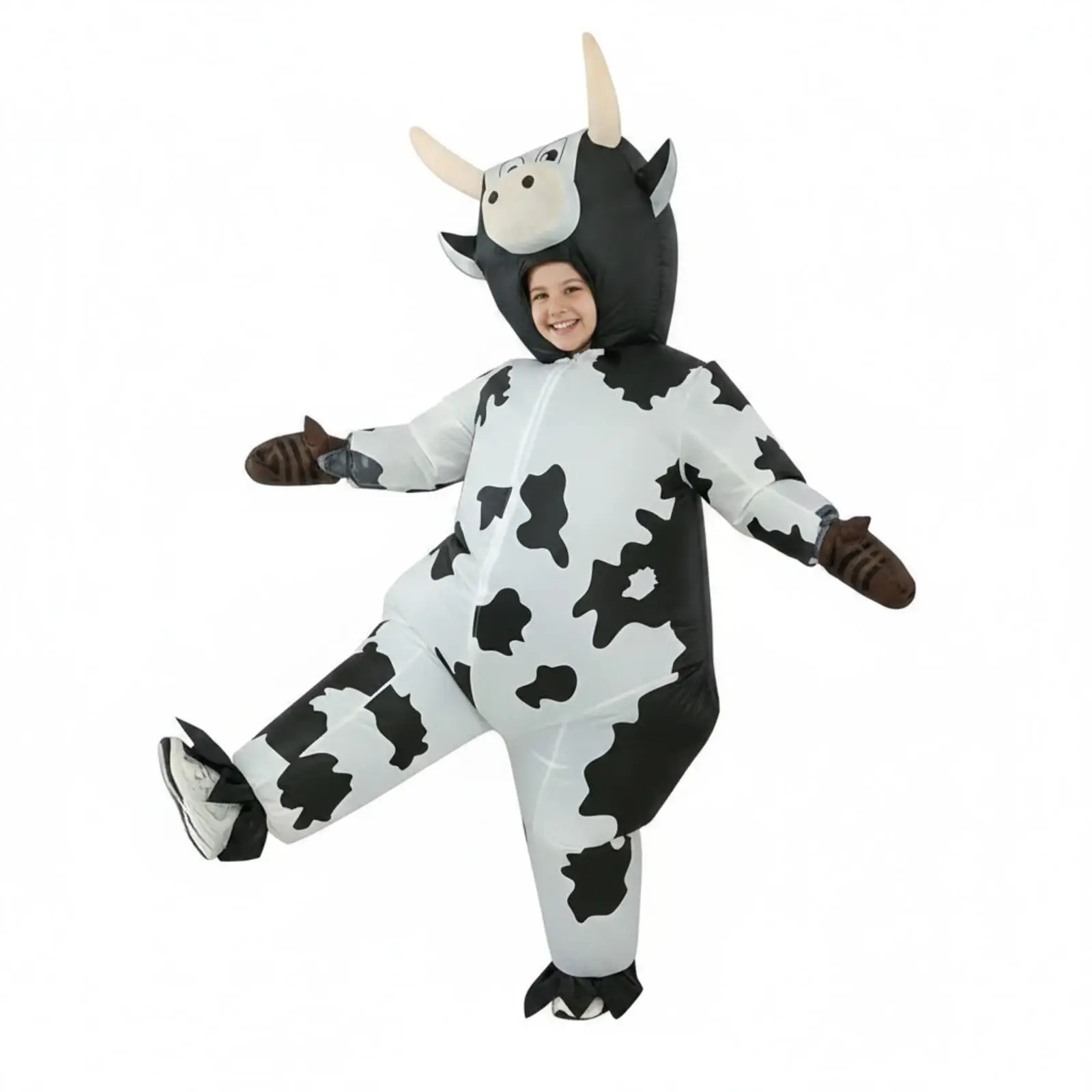 Inflatable Animal Cow Costume for Children Halloween Carnival Party Full Body Suit with Hood and Built-in Fan Box