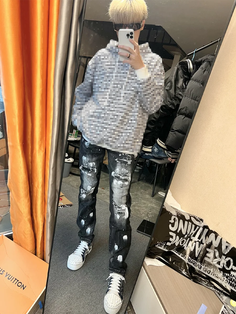 

Trendy Men's Bla Spray Paint fiti Hole Denim Jeans Slim Fit Sli Small Leggings Casual Wear All Season Jeans