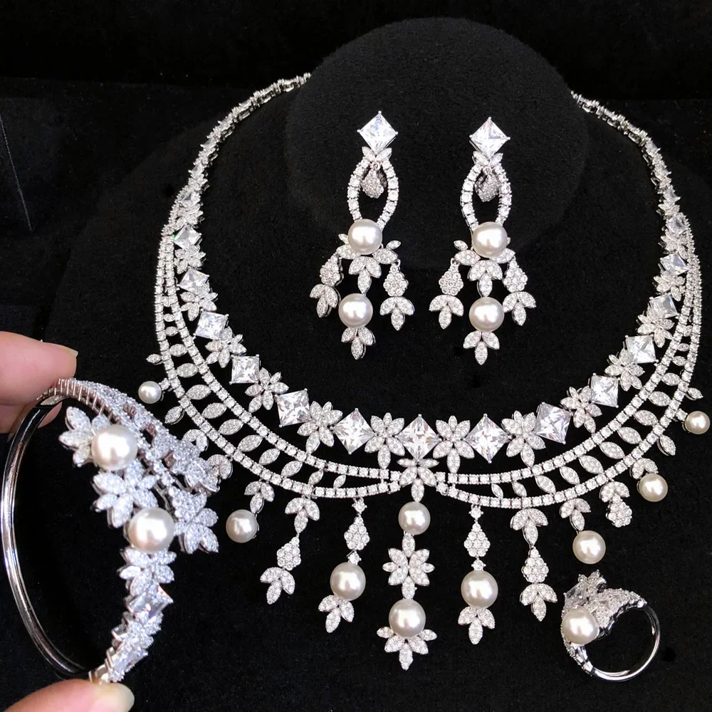 

Soramoore Luxury 4PCS Big Flowers Shiny Pearls Jewelry Set For Women Wedding Party Zirconia Indian Dubai Bridal Accessory