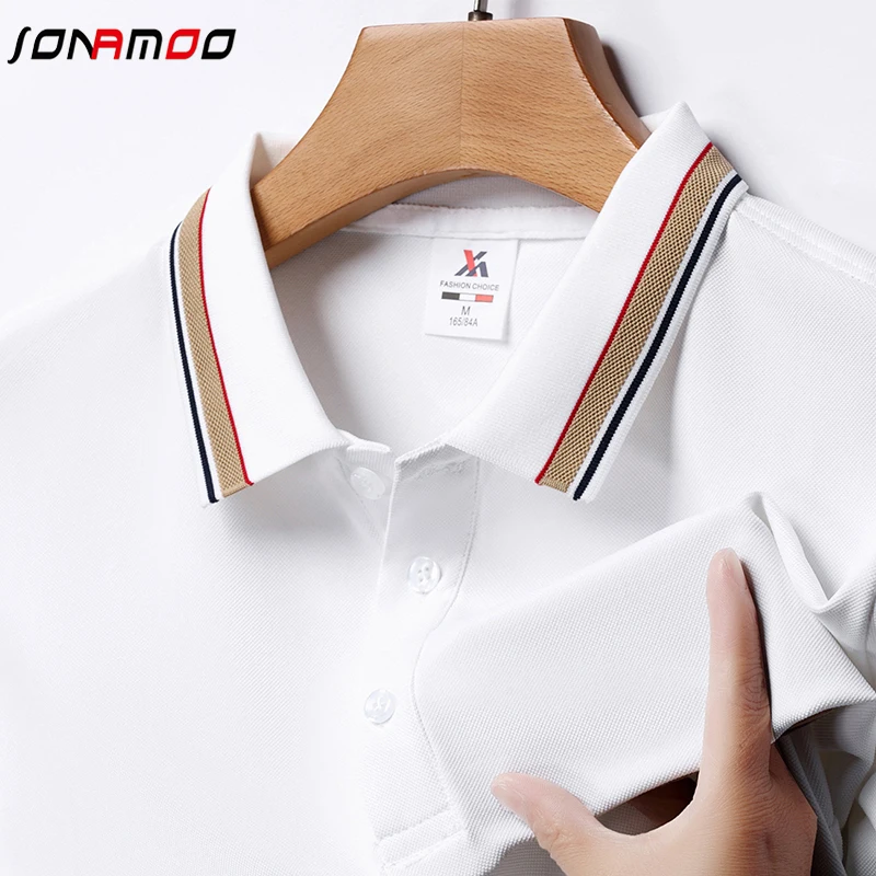 Men\'s Fashion Solid Short Sleeved Striped Lapel Polo Shirt Summer Breathable Comfortable Top