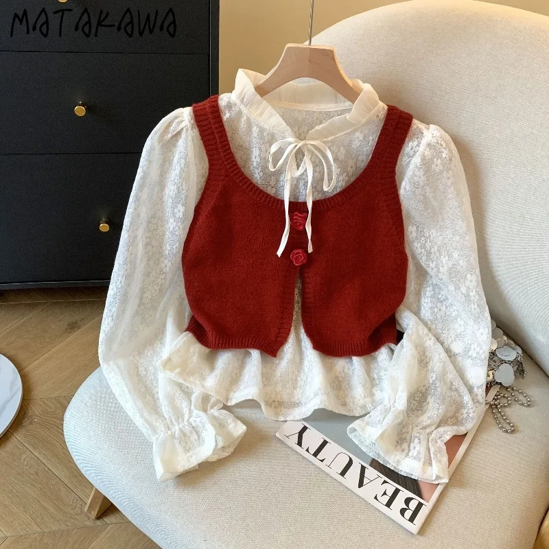 

Matakawa Lace Blouses Autumn Winter 2 Pieces Sweet Vintage Women Shirts Korean Fashion Elegant Ruffles Blusas Feminina