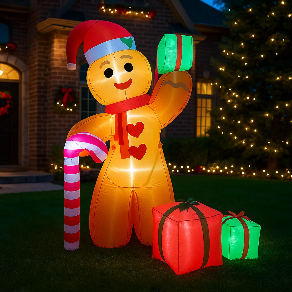 2,4 m/7,8 ft aufblasbare Lebkuchenmann Zuckerstange mit Geschenk LED-Leuchten Heimdekorationen Spielzeug Hof Weihnachten Urlaub Dekor liefert