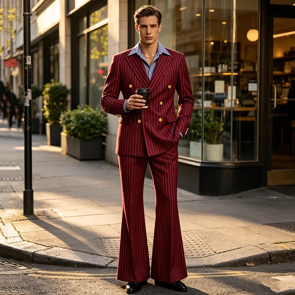 Fashion Pinstripe 2 Piece Double Breasted Suit for Men Business Casual Daily Male Outfit Formal Wedding Party Jacket Flare Pants
