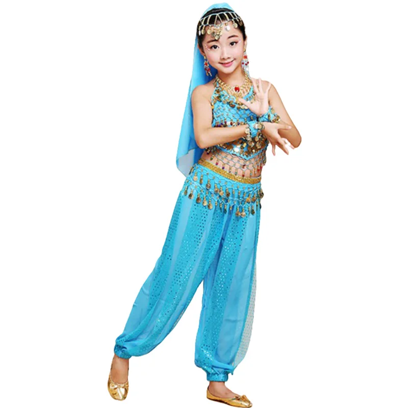 

Детский сценический костюм, шифоновые детские индийские костюмы для танца живота, комплекты из 4 предметов на Хэллоуин для девочек, детские танцевальные тканевые наряды