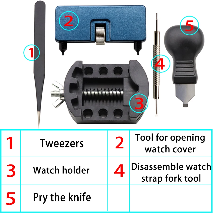 Watch repair tool, 5-in-1 open watch back cover, replace battery tool set, fix watch, pry open watch cover