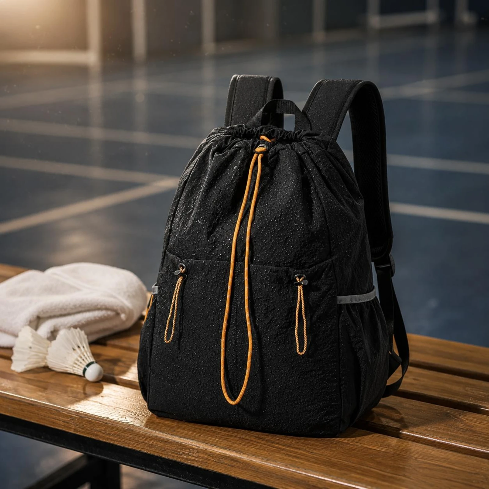 Drawstring Backpack Water-Resistant Cinch-Top Backpack Drawstring Bag Side Pockets Sackpack Contrasting Trim