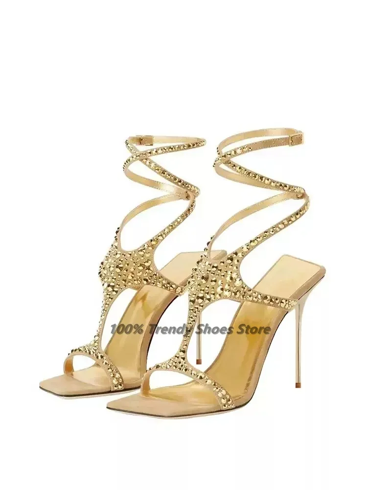 

Sexy Rhinestone High-heeled Sandals With Slim Heels and Exposed Toes Straight Strap Sandals Women's Ankle Straps Fashion Shoes