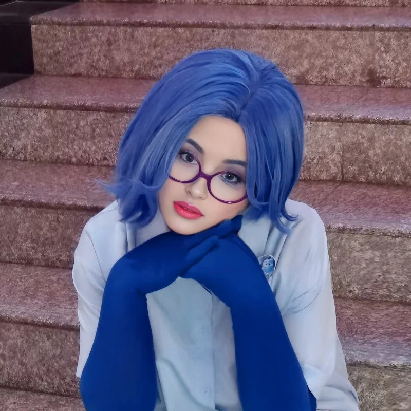Parrucca per capelli corti blu Inside Out Sadness Joy con simulazione del cuoio capelluto