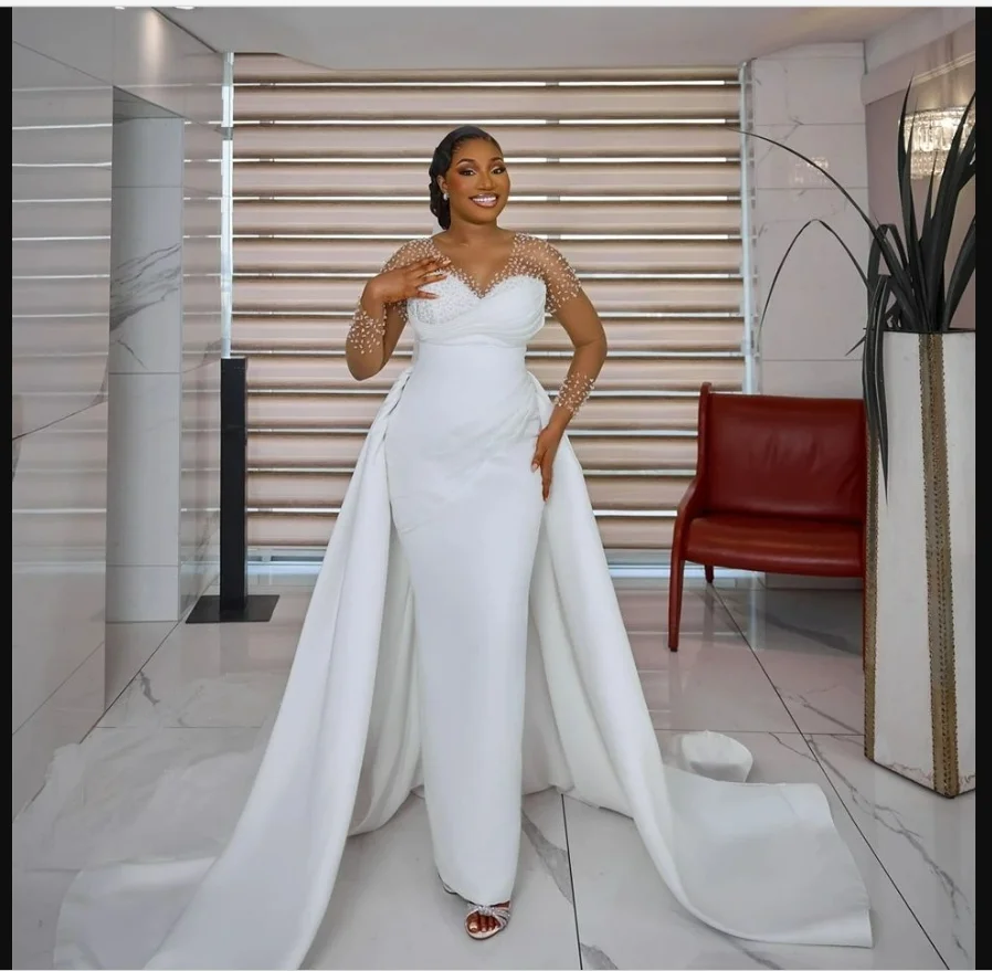 Customized Sheer Neck Shinny Beads Sequins Mermaid Wedding Dress with Removable Skirt  Robe De Mariée   Long Sleeves Bridal Gown