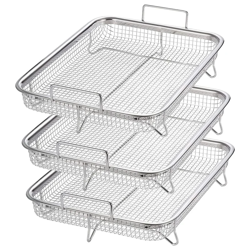 

A78E-3 Pack Air Fryer Basket for Oven, Stainless Steel Grill Basket Non-Stick Mesh Basket Set, Air Fryer Tray Wire Rack