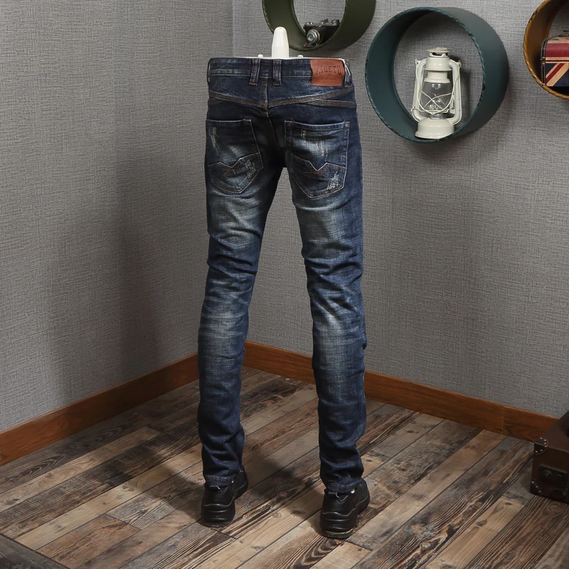 Designer Fashion Men Jeans Retro Washed Blue Stretch Slim Fit Ripped Jeans Men Y2K Vintage Casual Denim Pants Hombre