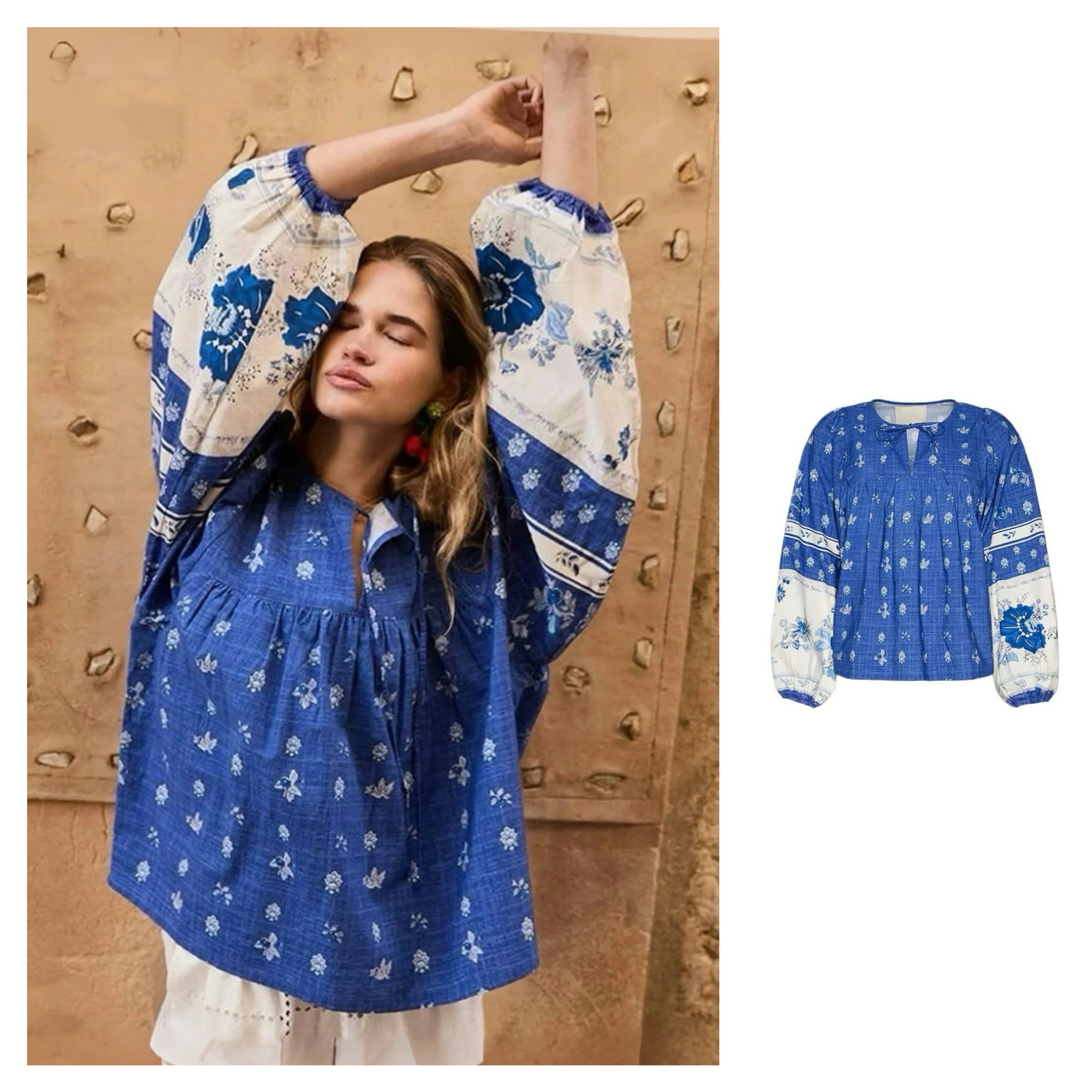 

Blue Indigo Embroidered Loose Floral Shirt Vintage Style Women's Cotton Long Sleeve round Neck Pullover UV Protection Doll Shirt