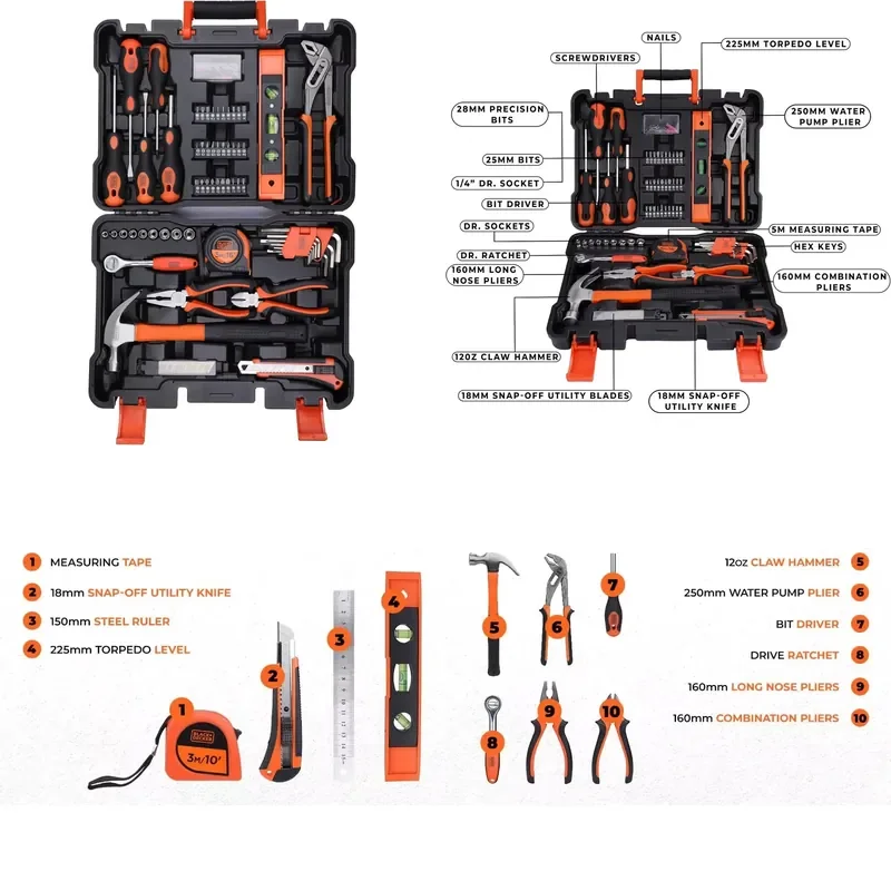 

【CHIMU HOME】 154 Piece Chrome Vanadium Steel Hand Tool Set with Hex Keys Screwdrivers and Pliers in Hard Carrying Case