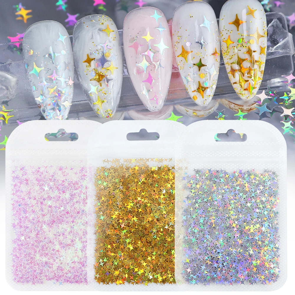 Holographic Four-pointed Star Sequins Nail Art Decoration Laser Shiny Starry Paillettes For Nail Design Gel Manicure Accessories