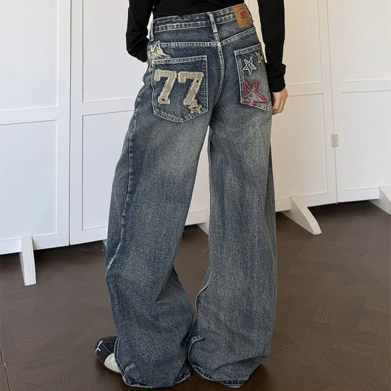 Retro Blue Distressed Denim Pants Women Back Digital Star Patch Designs Autumn Winter Loose Wide Leg Baggy Jeans Casual Trousers