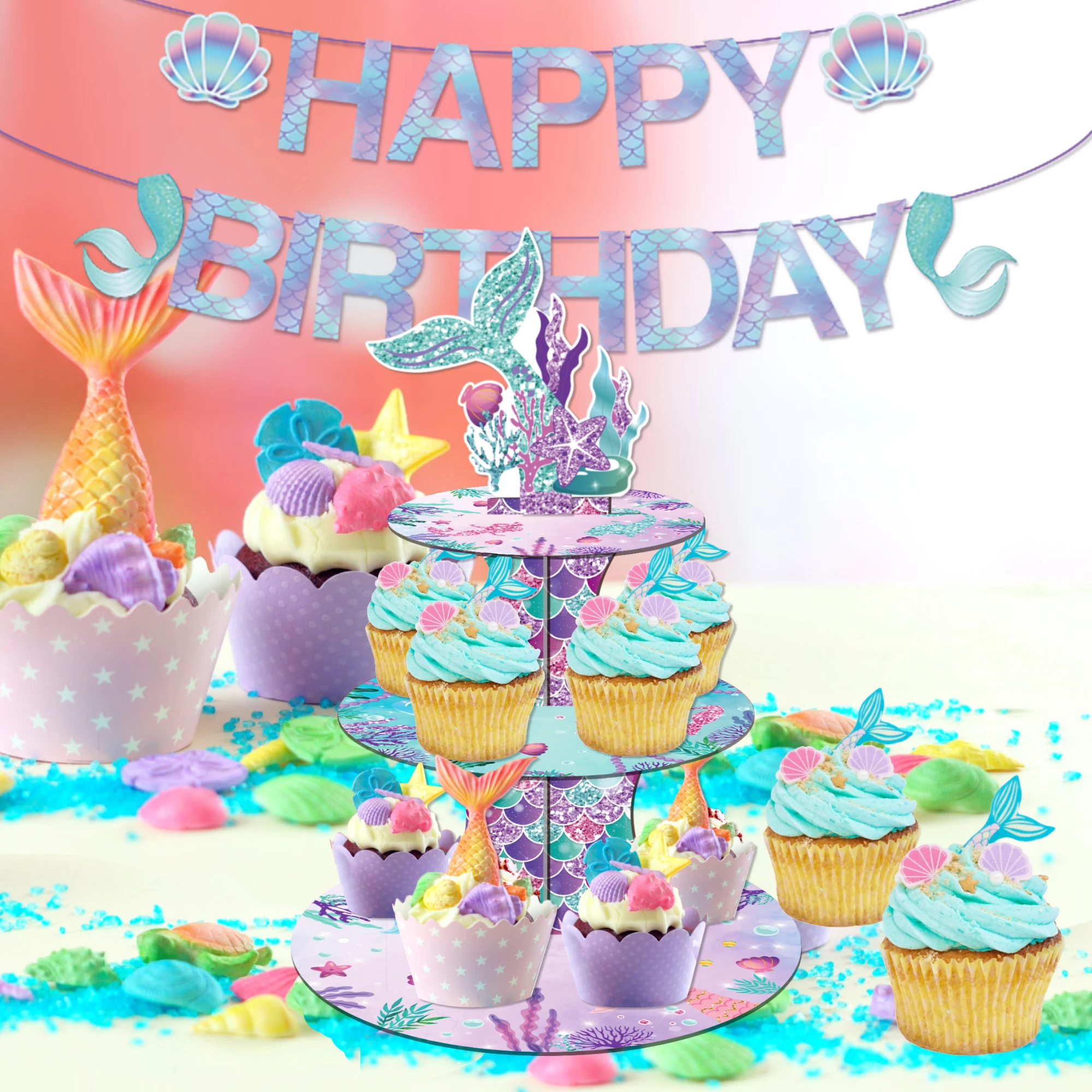 3 Layers Cartoon Mermaid Tail Theme Cake Stand Display DIY Cupcake Wrappers and Cake Topper Festival Birthday Party Cake Tray