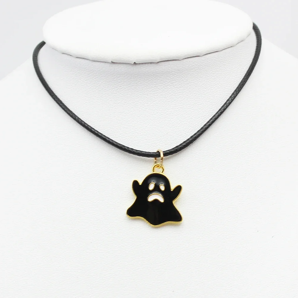 Trend Enamel Ghost Witch Short Pendant Choker Chain Necklace for Women Black Leather Wax Cord Halloween DIY Jewelry Accessories